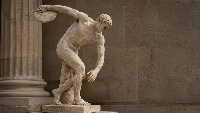 Classical marble discus thrower statue posed beside a monumental fluted stone column