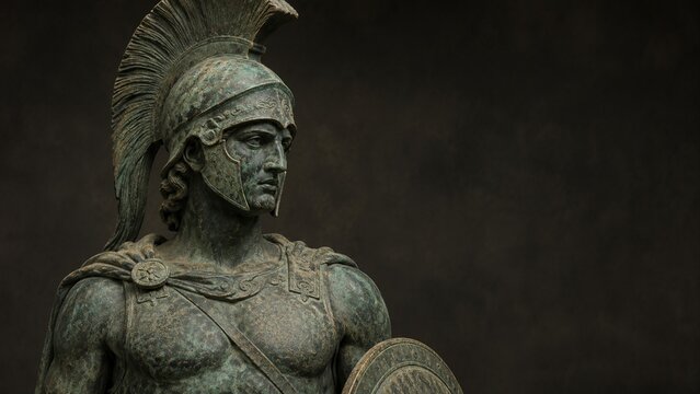 Bronze statue of an ancient Greek warrior in crested helmet against dark background