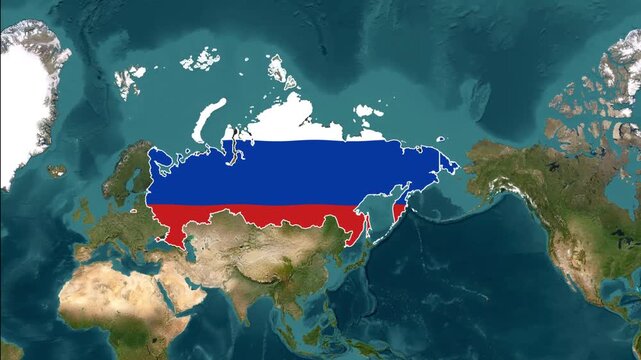 Russia Map Highlighted with National Flag on World Map Globe