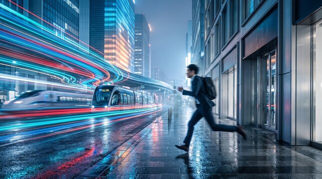 Businessman Running Late on Modern City Street with Light Trails