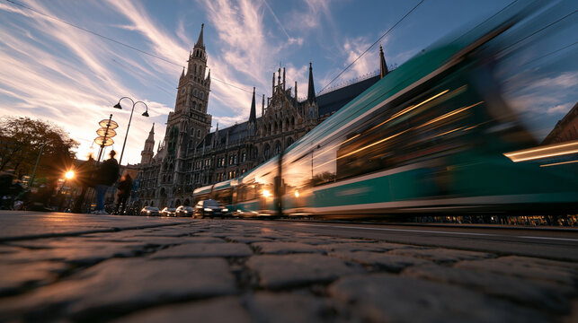 Tram Speeding Past Munich Town Hall at Sunset