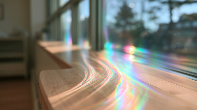 Rainbow Spectrum Prism Light Refraction on Wooden Windowsill