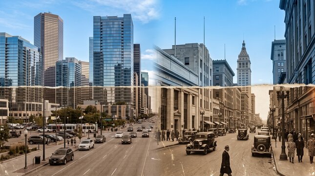 City Skyline Then and Now Showing Urban History and Evolution