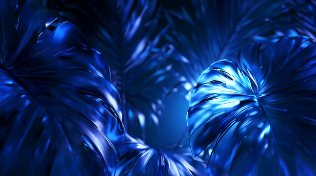 Glossy Blue Tropical Monstera Leaves Abstract Background