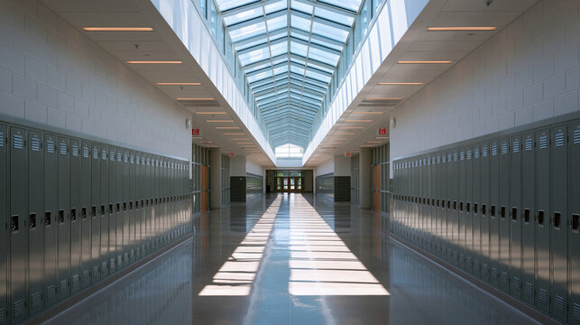 Empty Modern School Hallway with Lockers and Skylight Ceiling