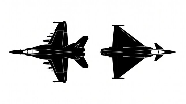 Jet fighter aircraft silhouettes vector illustration showing top and side view design concepts for military aviation technology