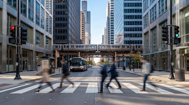 Pedestrians Crossing Street in Downtown Chicago Financial District