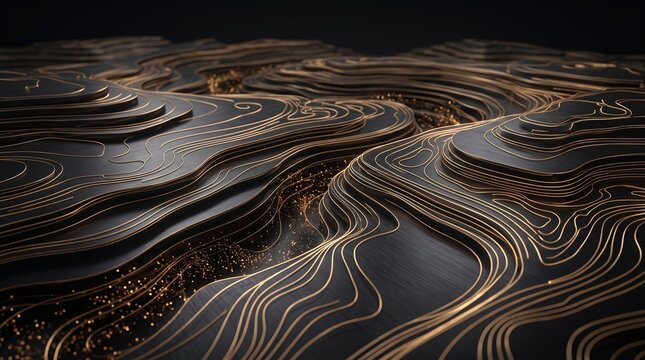 Abstract Topographic Map Layered Background in Black and Gold