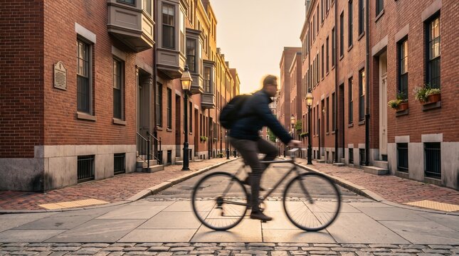 Cyclist Riding Bike Down Historic Brick Street at Sunset