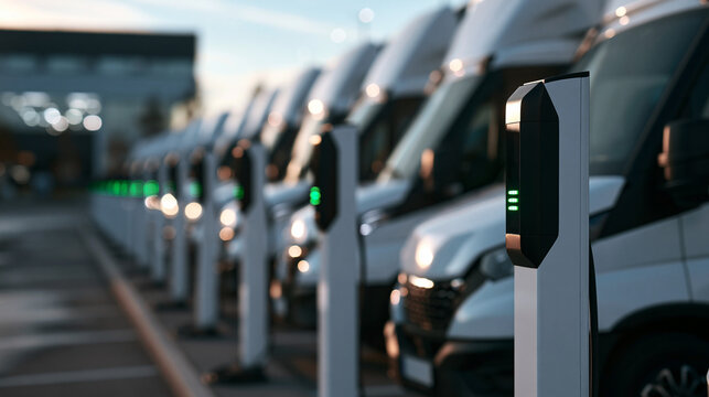Row of Electric Vans Charging at Commercial Fleet Station