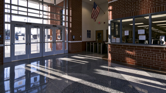 Modern School Building Entrance Lobby with Glass Doors