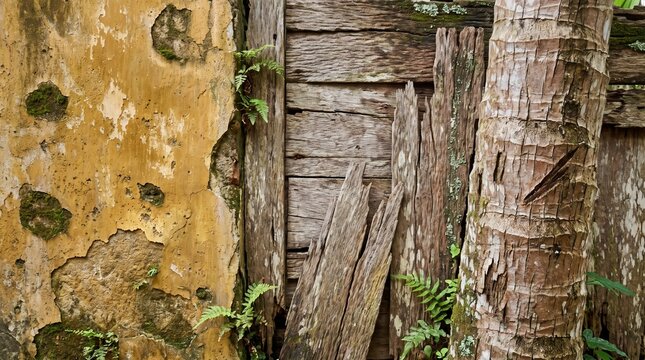 Weathered ochre wall, aged wooden planks, and textured tree bark blend into a rustic backdrop of natural decay and time-worn beauty