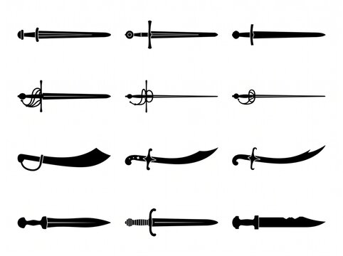 Sword silhouettes arranged in grid pattern with various historical designs and blade types