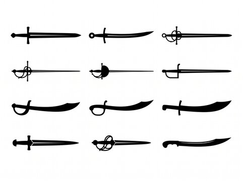 Swords and daggers vector silhouettes collection for weaponry design, medieval icons, and combat symbol illustration