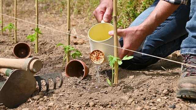 Close-up of a farmer's hands watering a tomato plant in an organic field with an old metal watering can. Garden work in spring. Traditional agriculture. Footage.