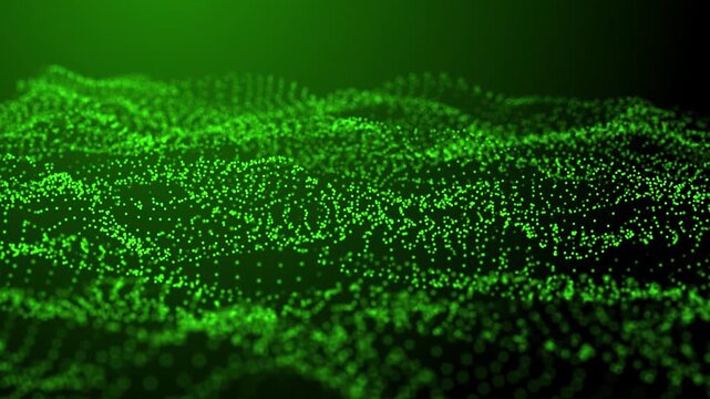 Waves transmit silent codes through a luminous matrix. Particles pulse with digital motion. 3D rendering. Seamless loop.