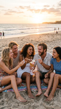 Friends laughing while sharing ice cream at the beach during golden hour, carefree vacation atmosphere, International Ice Cream Day