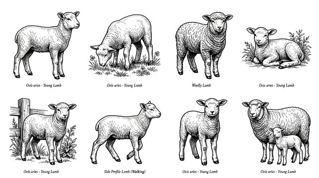 Collection of vintage engraving style illustrations showing young lambs and sheep in various poses for farm and livestock concepts