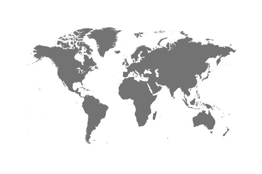 A black polygon world map, with a solid silhouette of all continents, isolated against a transparent background. A versatile graphic for global projects.
