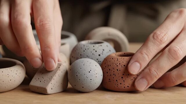 Crafting pottery pieces in a workshop with hands shaping clay models