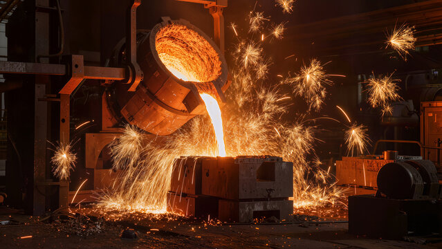 Molten glowing orange copper liquid pouring in factory with high speed golden sparks
