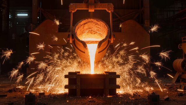 Molten glowing orange copper liquid pouring in factory with high speed golden sparks