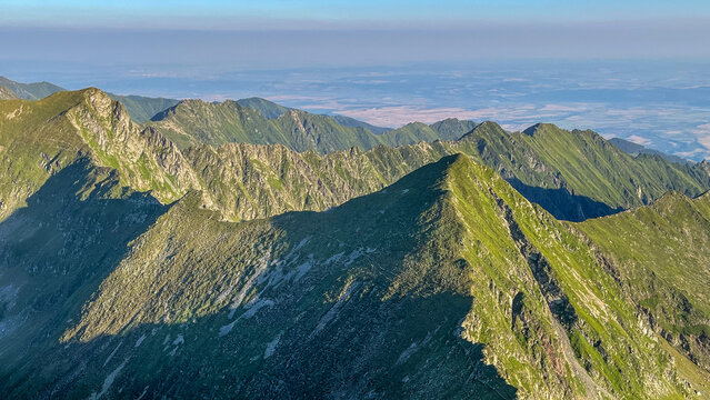 landscape with mountains, view from Moldoveanu Peak, Fagaras Mountains, Romania 