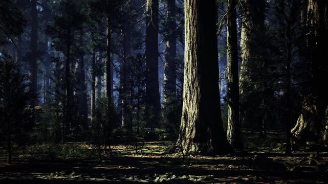 Enigmatic fogenveloped wooded area with muted lighting effects. Mysterious foggy setting characterized by softly illuminated trees and calming atmosphere