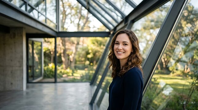 Confident woman smiling in a modern glass walled home atrium