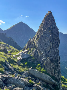 mountain landscape with blue sky, Vistea Valley, Fagaras Mountains, Romania 