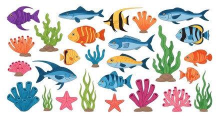 Obraz premium Diverse underwater marine life and coral reef elements illustration