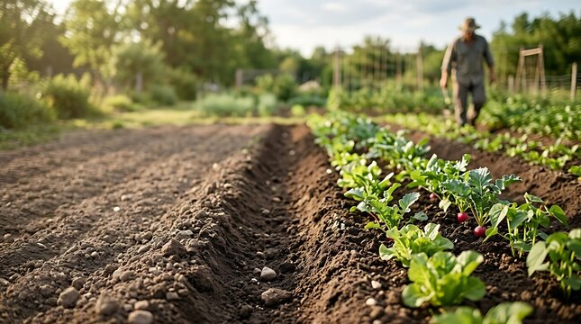 Fresh organic vegetable rows growing in a sunny garden plot