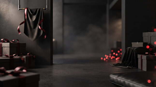 Luxurious dark environment filled with elegantly wrapped presents softly illuminated by scattered red bokeh lights and atmospheric smoke evoking a sense of mystery and festive occasion perfect for hol