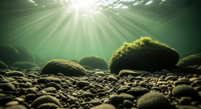 Underwater riverbed with sunlight rays and mossy rocks
