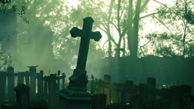 Foggy cemetery silhouetted cross at dawn, soft green light, mosscovered tombstones, tall trees, sunbeams slicing through mist, cinematic melancholy, abandoned