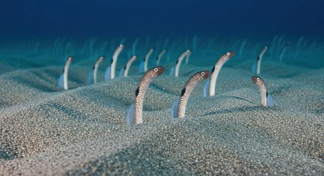 Curious Garden eels emerge from sandy seabed in clear blue ocean