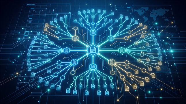 Glowing blueprint of interconnected website pages forming a structured sitemap for SEO indexing. sitemap, XML sitemap, SEO crawling, search engine indexing, website structure