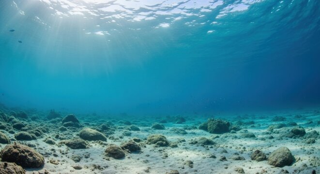 Underwater scene with sunlight rays and rocky seabed