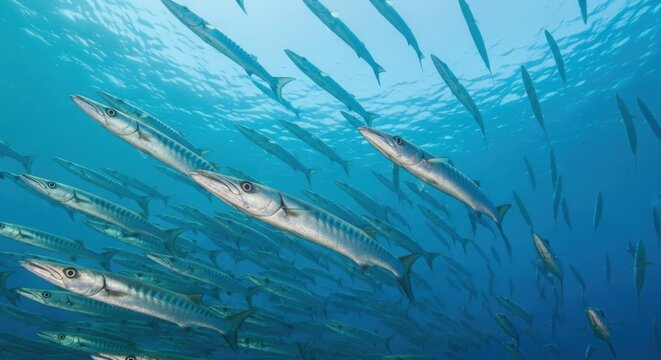 School of barracuda fish swimming underwater in clear blue ocean