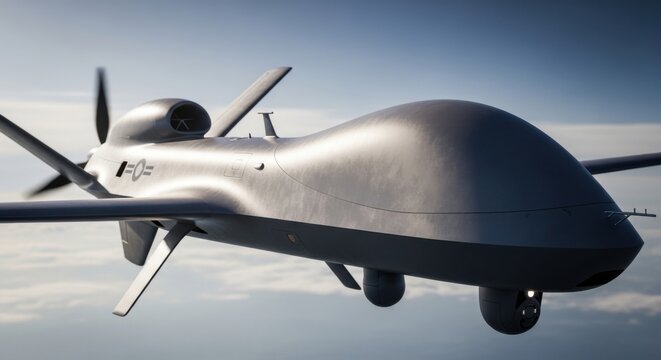 Unmanned aerial vehicle flying in the sky with surveillance camera