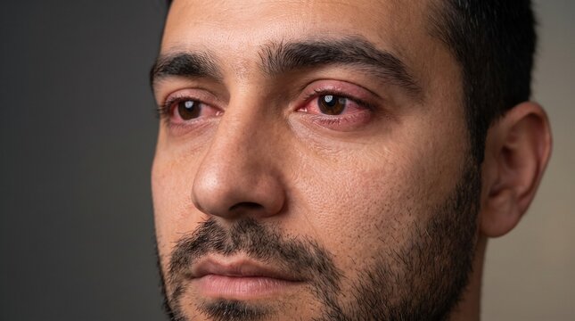 Man With Red Irritated Eyes Showing Conjunctivitis and Ocular Inflammation Symptoms