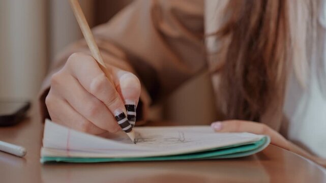 Caucasian illustrator sketching detail in notebook closeup of hand with pencil and striped nails, soft table light, intimate creative atmosphere, focused line work and textured paper