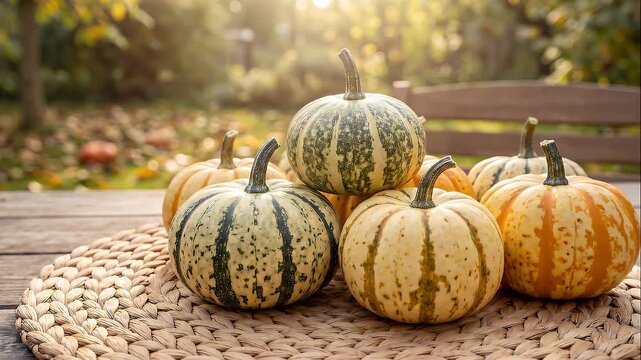 Small decorative pumpkins and gourds arranged on a woven mat on a rustic wooden table outdoors with autumn sunlight in the background.