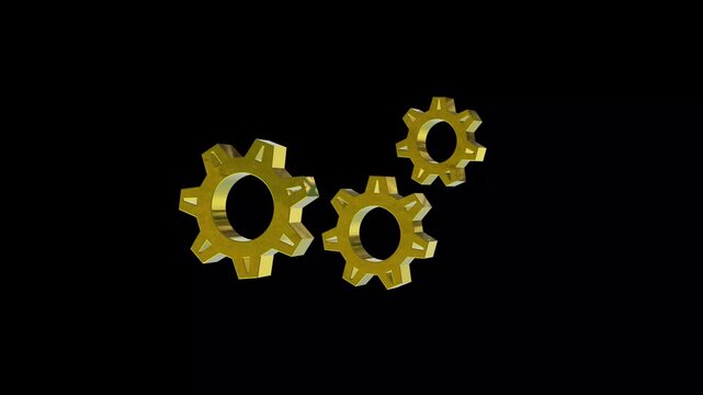 Golden 3d realistic gear icon glossy reflective rotation animation horizontal all the video on dark background