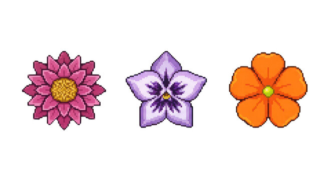 Pixel Art Flowers - Pink, Purple Pansy, Orange Blossom Isolated