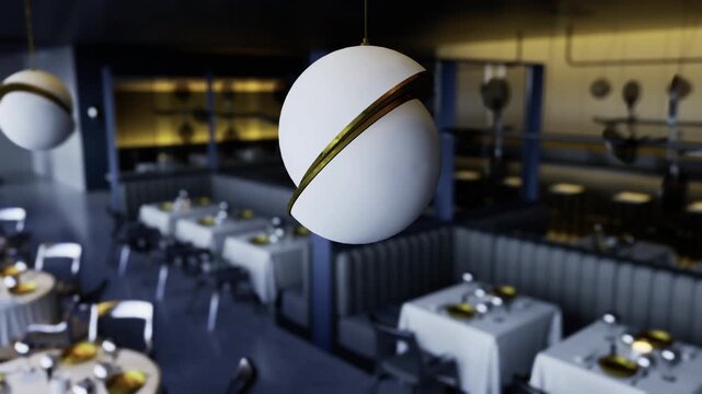 Sleek bistro morning with soft light, globe pendant over neatly arranged tables white linens polished cutlery staff prepping behind bar contemporary decor