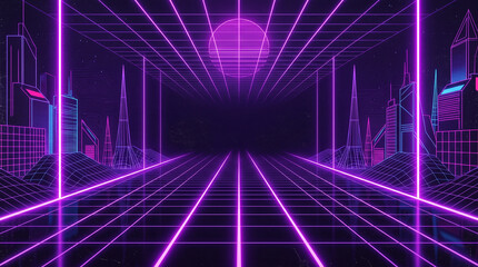 Naklejka premium Synthwave neon laser grid corridor background with purple perspective lines