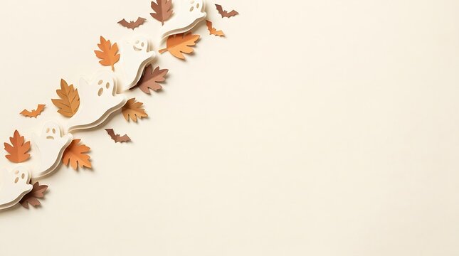 A minimalist halloween background featuring a diagonal arrangement of dried autumn leaves and small bats on a clean light beige surface
