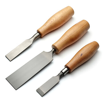 Assortment of woodworking chisels with natural wood handles arranged on white surface showcasing diverse blade shapes and sizes for creative work.