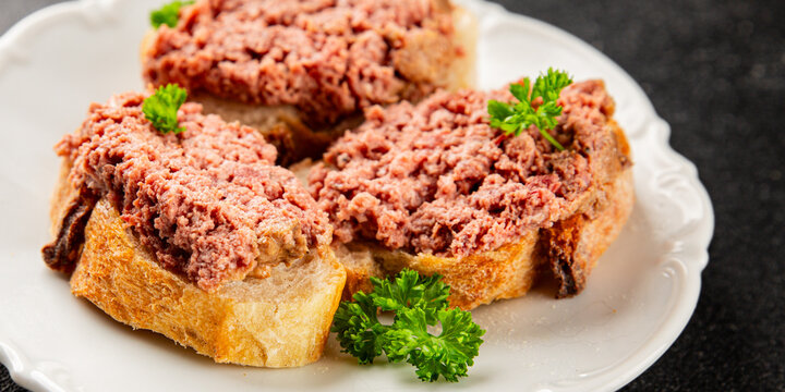 Sandwich meat terrine Spam or ham tasty snack or appetizer fresh delicious gourmet food background on the table rustic food top view copy space